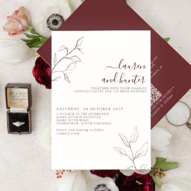 Invitation Code QR moderne Burgundy Script Mariage botanique (Créateur téléchargé)