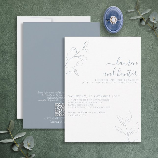 Invitation Code QR moderne Dusty Blue Script Mariage botaniqu (Créateur téléchargé)