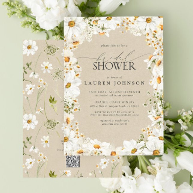 Invitation Code QR moderne Elegant Daisy Fête des mariées rus (QR Code Bridal Shower Invitation)