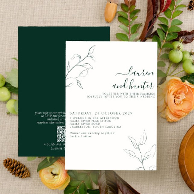 Invitation Code QR moderne Emerald Green Botanical Mariage (Créateur téléchargé)