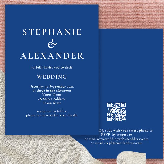 Invitation Code QR moderne Mariage bleu moyen (Front and back view)
