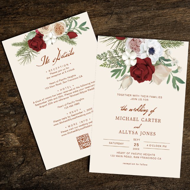 Invitation Code QR moderne Mariage budgétaire beige et rouge  (Créateur téléchargé)