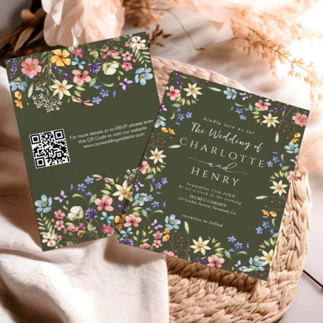 Invitation Code QR moderne Olive Russe Fleur sauvage Mariage (Créateur téléchargé)