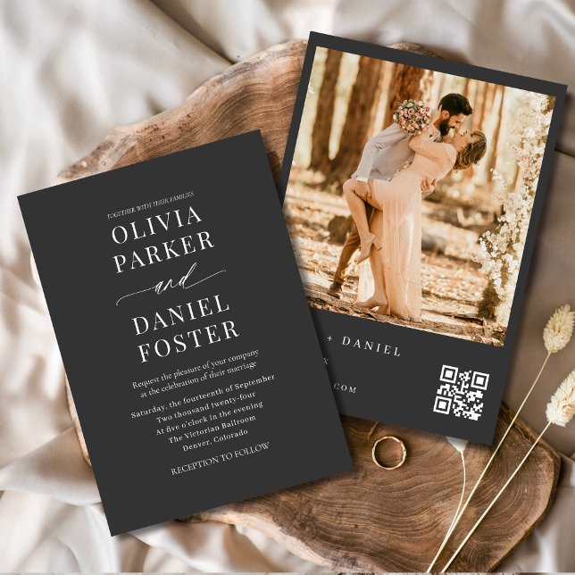 Invitation Code QR moderne Photo Charcoal Elegant Wedding (Créateur téléchargé)