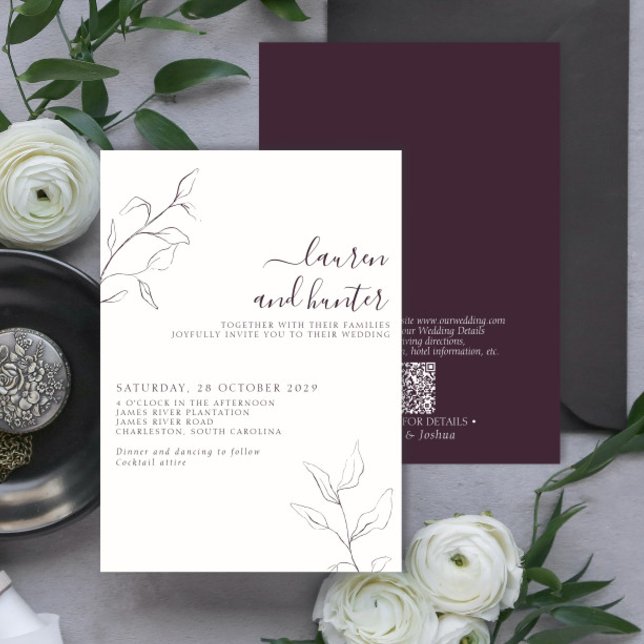 Invitation Code QR moderne Plum violet Mariage botanique (Créateur téléchargé)