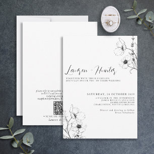 Invitation Code QR moderne Script noir blanc Mariage Floral