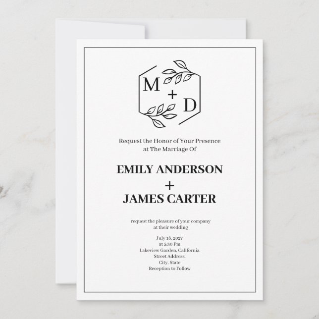 Invitation Code QR Monogramme Botanique Minimal Mariage (Devant)