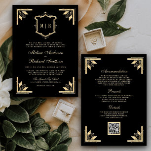 Invitation Code QR Monogramme Crête Dorée Mariage Noir