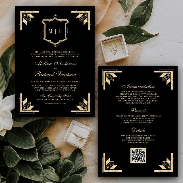 Invitation Code QR Monogramme Crête Dorée Mariage Noir (Créateur téléchargé)