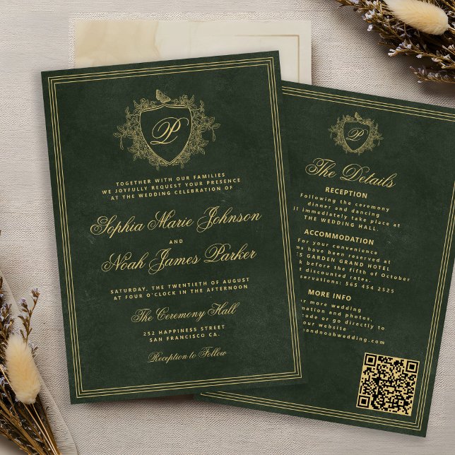 Invitation Code QR monogramme de crête mariage vert émeraude  (Créateur téléchargé)