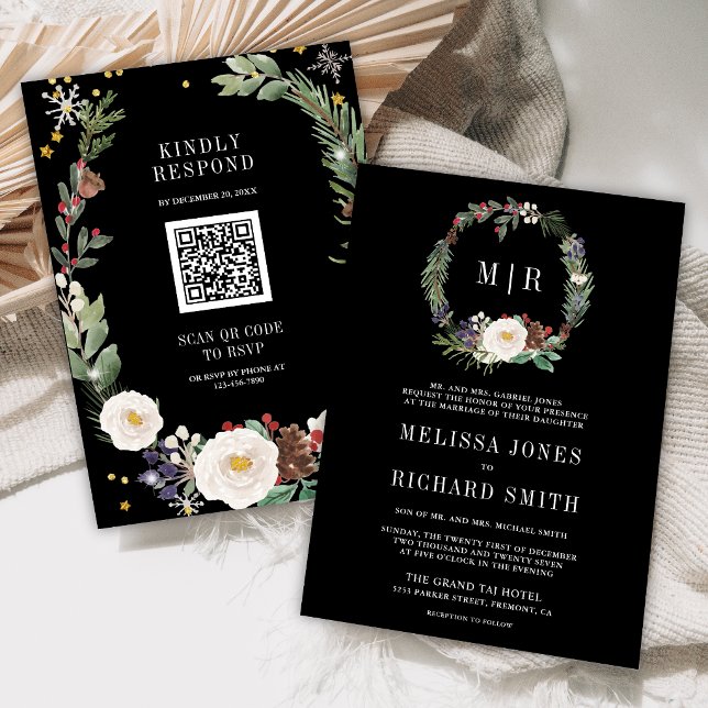 Invitation Code QR Monogramme Floral de Noël Mariage Noir (Créateur téléchargé)