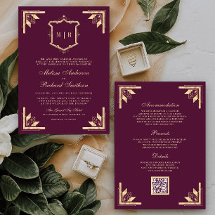Invitation Code QR Monogramme Gold Crest Mariage Violet Prune