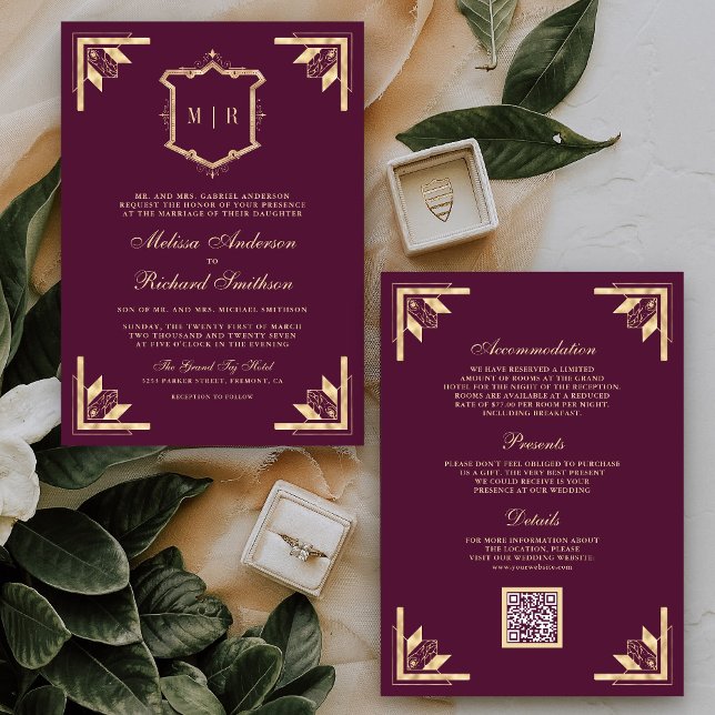 Invitation Code QR Monogramme Gold Crest Mariage Violet Prune (Créateur téléchargé)