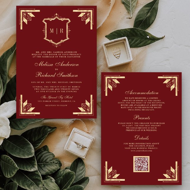 Invitation Code QR Monogramme Gold Crest Rouge bordeaux Maria (Créateur téléchargé)