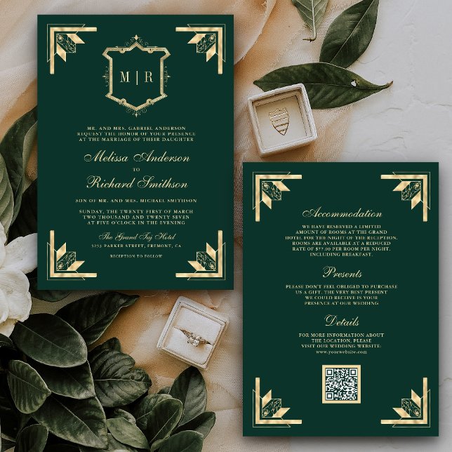 Invitation Code QR Monogramme Gold Crest Vert Emeraude Mariag (Créateur téléchargé)