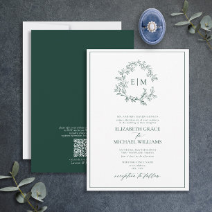 Invitation Code QR Monogramme officiel Emerald Green Leafy Cr