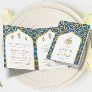 Invitation Code QR motif islamique bleu or mariage musulman