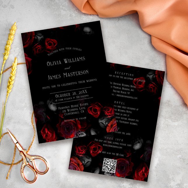 Invitation Code QR Noir et Rouge Floral Tout en Un Mariage (Créateur téléchargé)