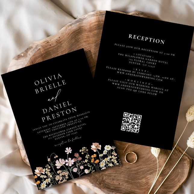 Invitation Code QR noir fleur sauvage tout en un Mariage (Créateur téléchargé)