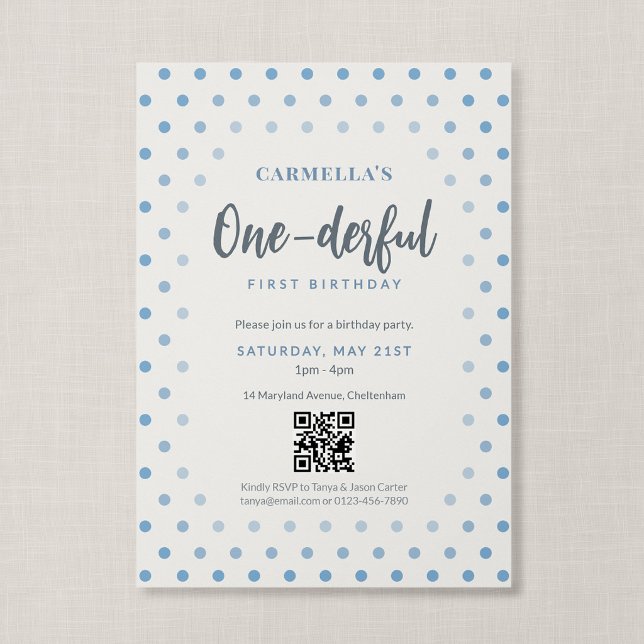 Invitation Code QR One-derful Anniversaire Premier Bleu à poi (Blue Polka Dot - Onderful First Birthday Invitation)