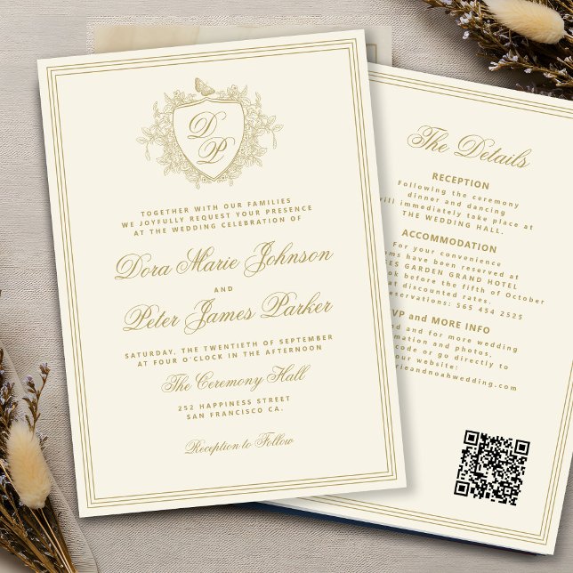 Invitation Code QR or crest monogramme or ivoire doré mariage (Créateur téléchargé)