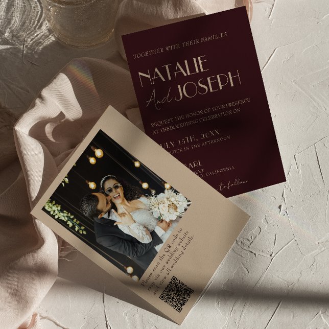 Invitation Code QR Or Photo de Mariage Rétro Or Bourgogne Élé (Créateur téléchargé)