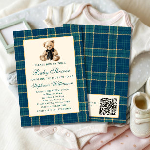 Invitation Code QR Ourson Vintage à Carreaux Verts Cadeau de