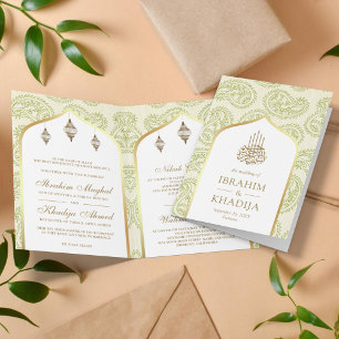 Invitation Code QR Paisley Vert et Or Mariage Musulman