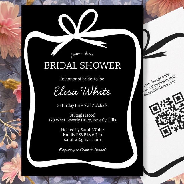 Invitation Code QR PERSONNALISÉ de la Fête des mariées du cad (Bow Ribbon Frame Bridal Shower CUSTOM QR Code Invitation Black and White Elegant Minimal SImple)