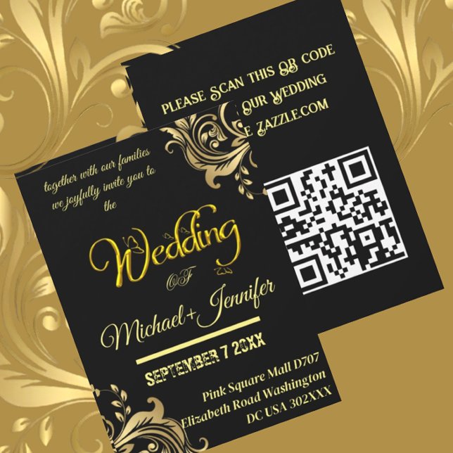 Invitation Code QR personnalisé Mariage noir et or élégant (Créateur téléchargé)