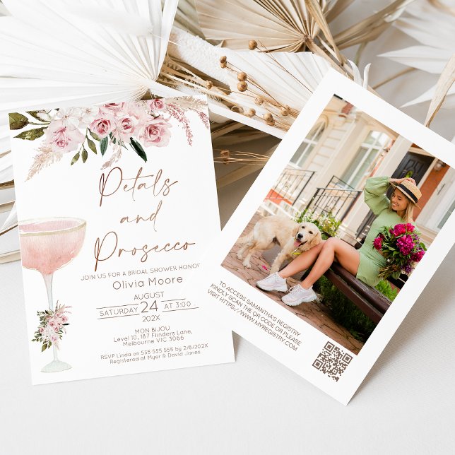 Invitation Code QR Petals Prosecco Boho Floral Fête de Mariag (Bohemian petals and prosecco bridal shower invitation with champagne glass, QR code and photo.)
