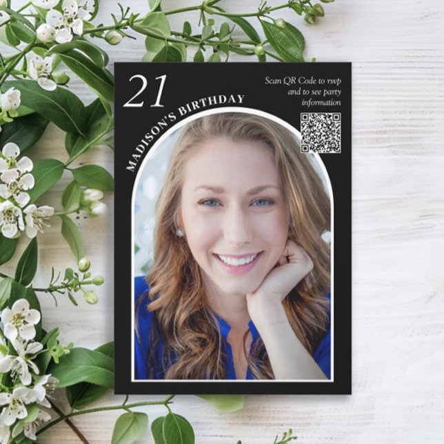 Invitation Code QR Photo Arc Noir Blanc 21e Anniversaire (Black and white photo arch 21st birthday party invitation with QR code)