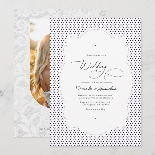 Invitation Code QR photo de mariage à cadre en dentelle à poi (Devant / Derrière)