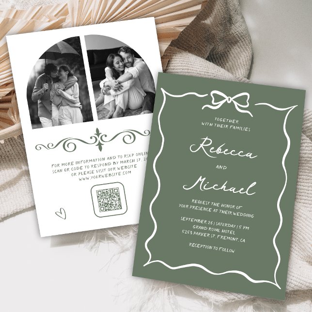 Invitation Code QR Photo de mariage avec ruban vert sauge bla (Créateur téléchargé)