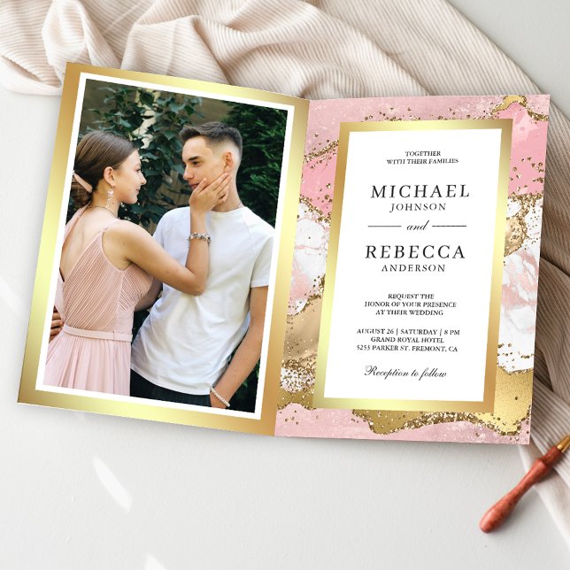 Invitation Code QR Photo de mariage en marbre rose doré Agate (Créateur téléchargé)