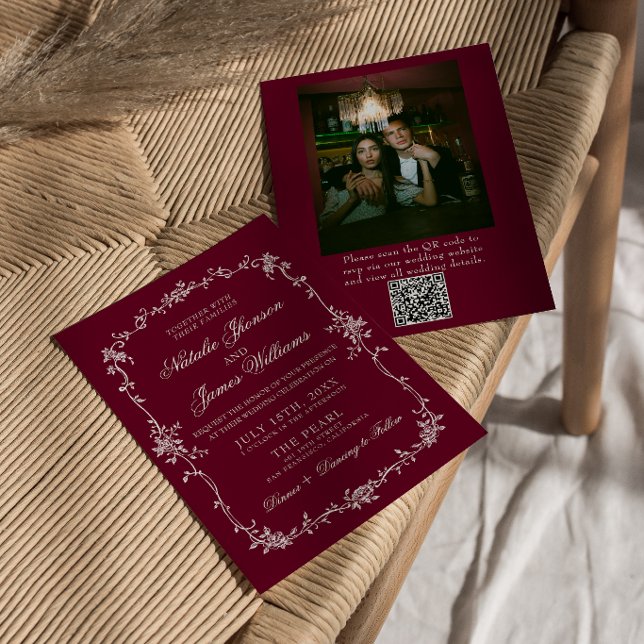 Invitation Code QR photo de mariage floral Bourgogne Old Mone (Créateur téléchargé)