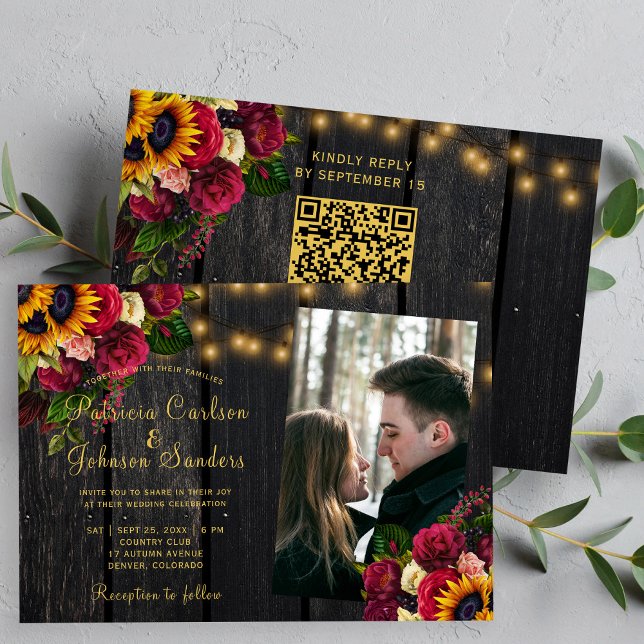 Invitation Code QR photo de mariage rustique tournesol et ros (Créateur téléchargé)
