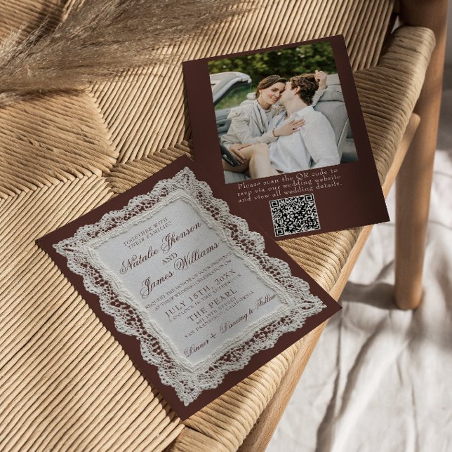 Invitation Code QR photo de napperon en dentelle marron choco (Créateur téléchargé)