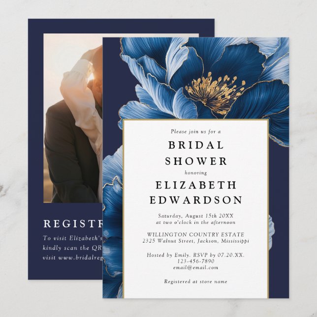 Invitation Code QR photo floral bleu marine Shower de mariage (Devant / Derrière)