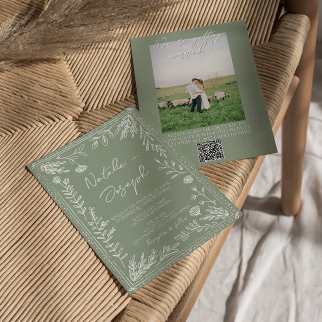 Invitation Code QR photo floral botanique vert sauge Mariage (Créateur téléchargé)