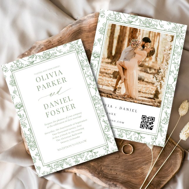 Invitation Code QR photo floral français vert sauge  (Créateur téléchargé)