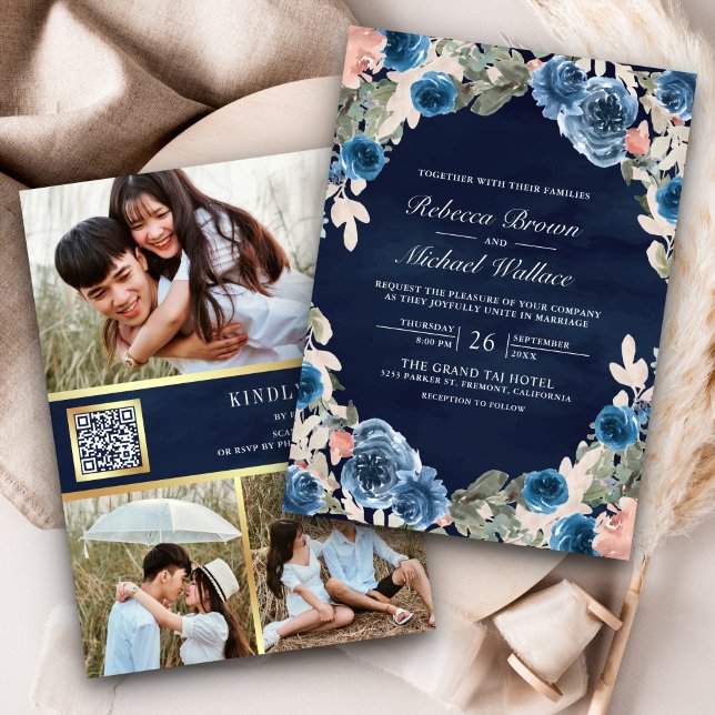 Invitation Code QR photo floral rose mariage bleu foncé (Créateur téléchargé)