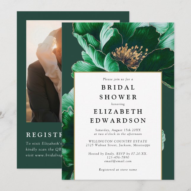 Invitation Code QR photo floral vert émeraude pour enterremen (Devant / Derrière)