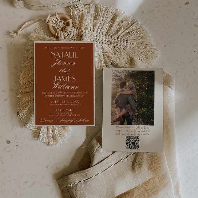 Invitation Code QR Photo Mariage Argent Ancien Orange Brûlé (Créateur téléchargé)
