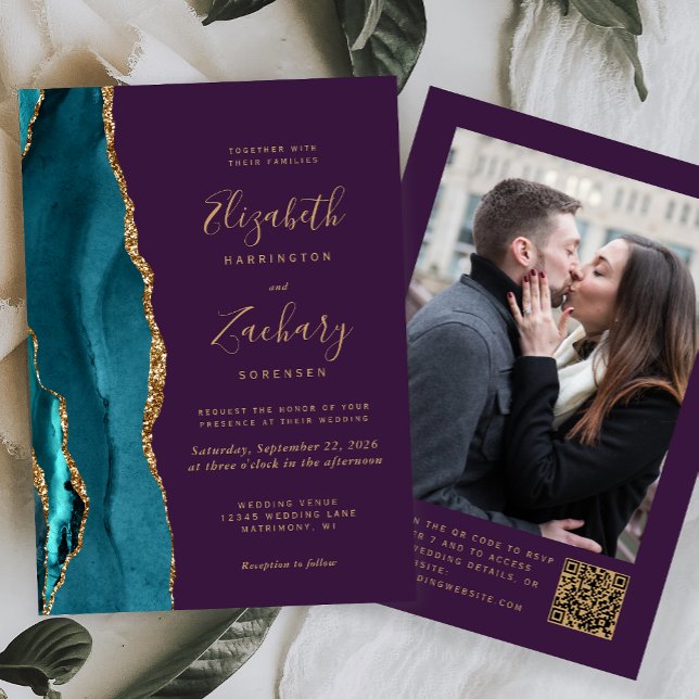 Invitation Code QR photo mariage bleu sarcelle or agate viole (Créateur téléchargé)