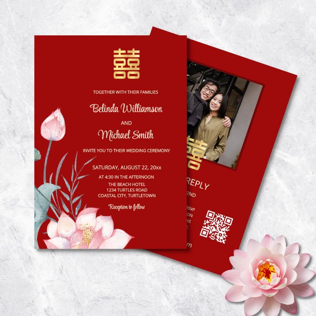 Invitation Code QR Photo | Mariage Chinois Lotus (Créateur téléchargé)