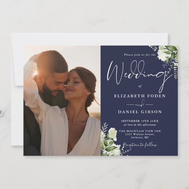 Invitation Code QR photo mariage floral verdure bleu marine (Devant)