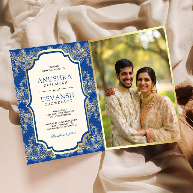 Invitation Code QR Photo Mariage Indien Broderie Or Bleu Roya (Créateur téléchargé)