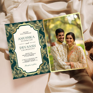 Invitation Code QR Photo Mariage Indien Lace Or Téâl Foncé