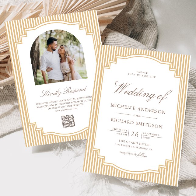 Invitation Code QR photo mariage rayé beige classique (Créateur téléchargé)